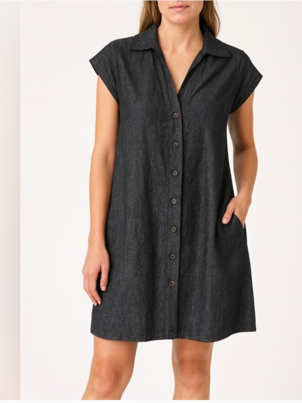 CURRENT/ELLIOTT Cotton Shirt Dress Womens Black Chambray V-Neck Collared size 0